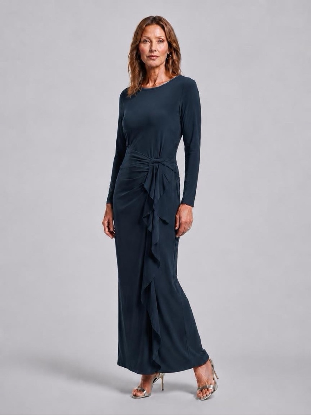 Long Sleeve muted blu-green Ruffle-Front Maxi Dress